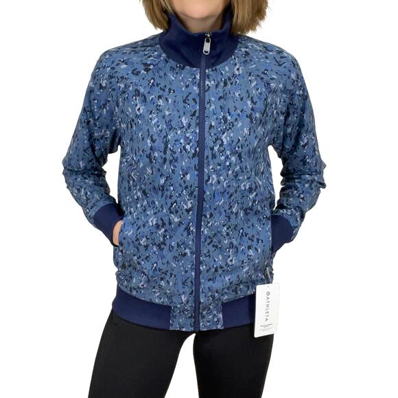 Athleta Brooklyn Bomber Jacket Sz S TALL New $139 Navy Blue Camo Full Zip Lined - Picture 1 of 12